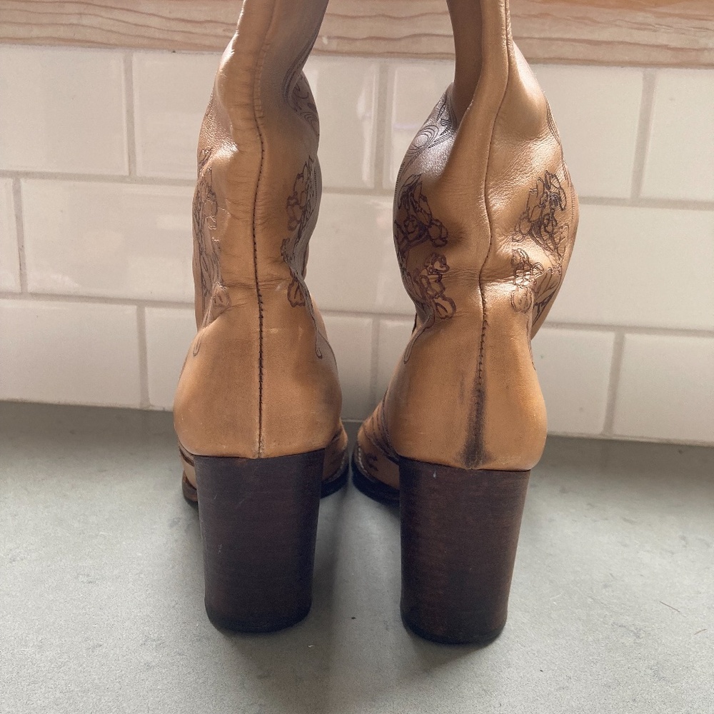 Anthropologie Tan Embroidered Leather Knee-High Heeled Boots - Picture 8 of 11